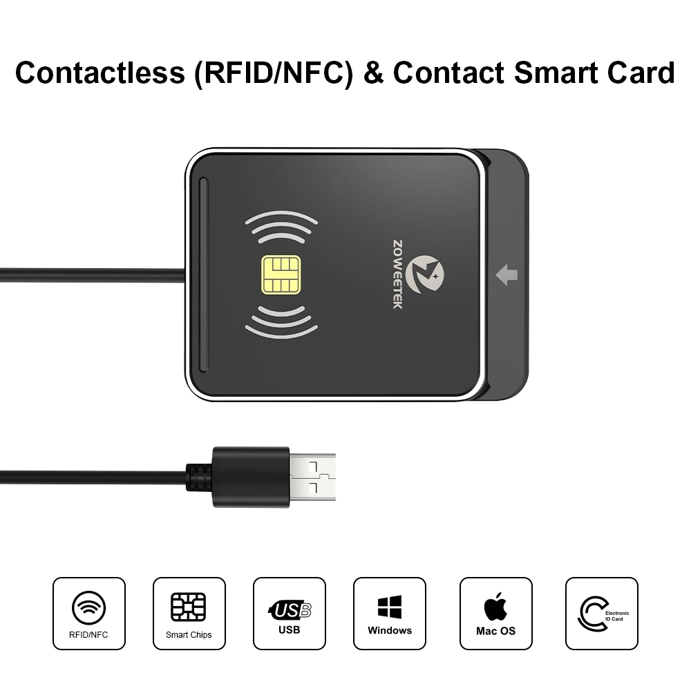 RFID/NFC IC Chip Dual Smart Card Reader 2 in 1 Contactless Contact Card Reader Zoweetek ZW-12026-12 13.56mhz for IOS Android