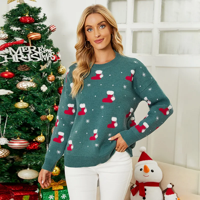 Lady New Knitwear 2022 Autumn and Winter Pullover Round Neck Snowflake Christmas Sweater Women