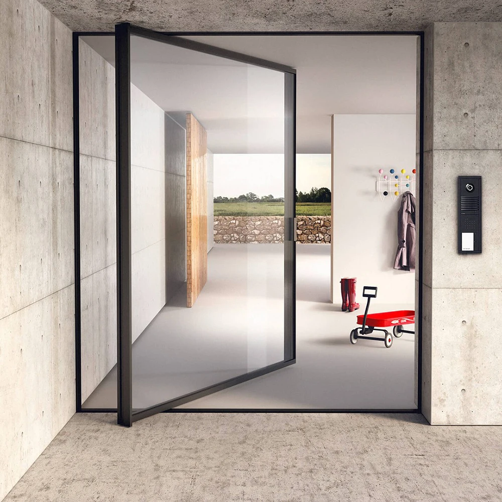 Modern minimalist look color options available aluminum alloy frame transparent waterproofing glass door pivot