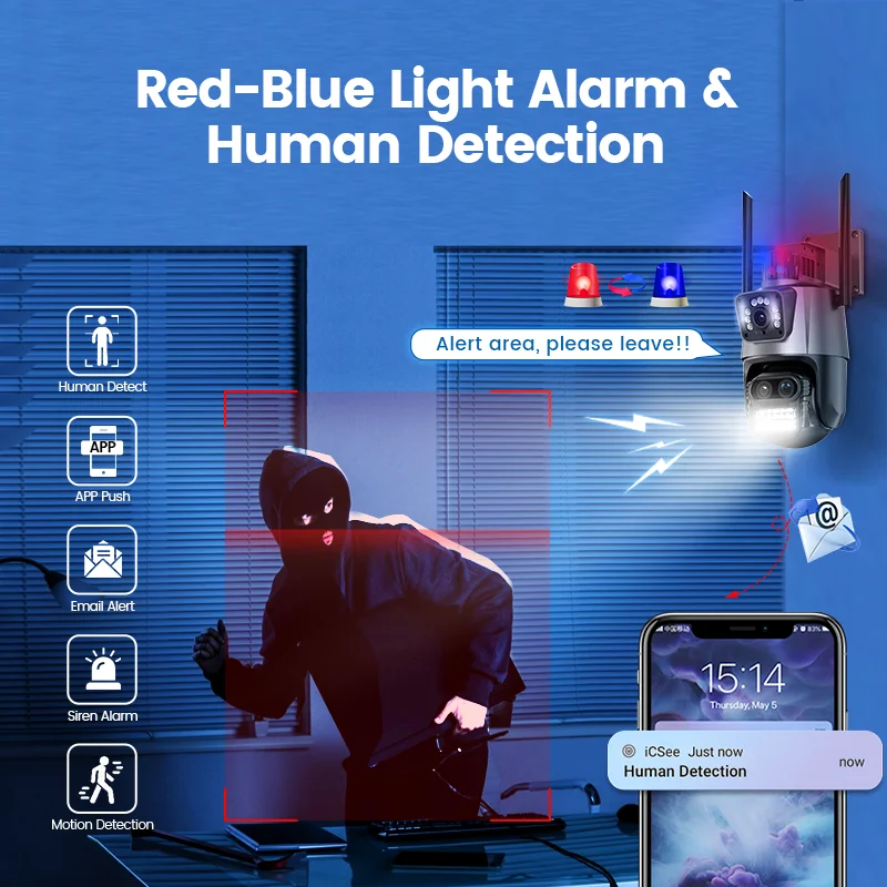 Dual-lens 8x optical zoom auto tracking linkage alarm wireless ptz dome camera color night vision wifi icsee ptz cctv camera