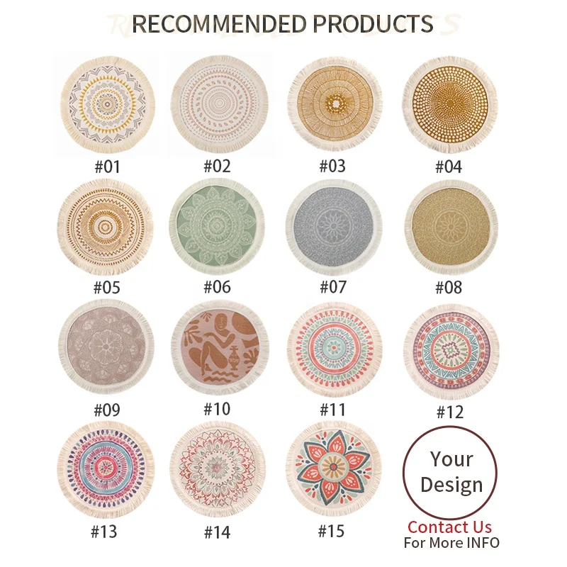 Wholesale wedding boho woven printed round dining placemats set with coaster bohemian woven round table placemats