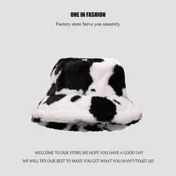 Europe  fashionable cow pattern plush retro fisherman hat thick warm hat in autumn and winter Korean female Joker basin hat