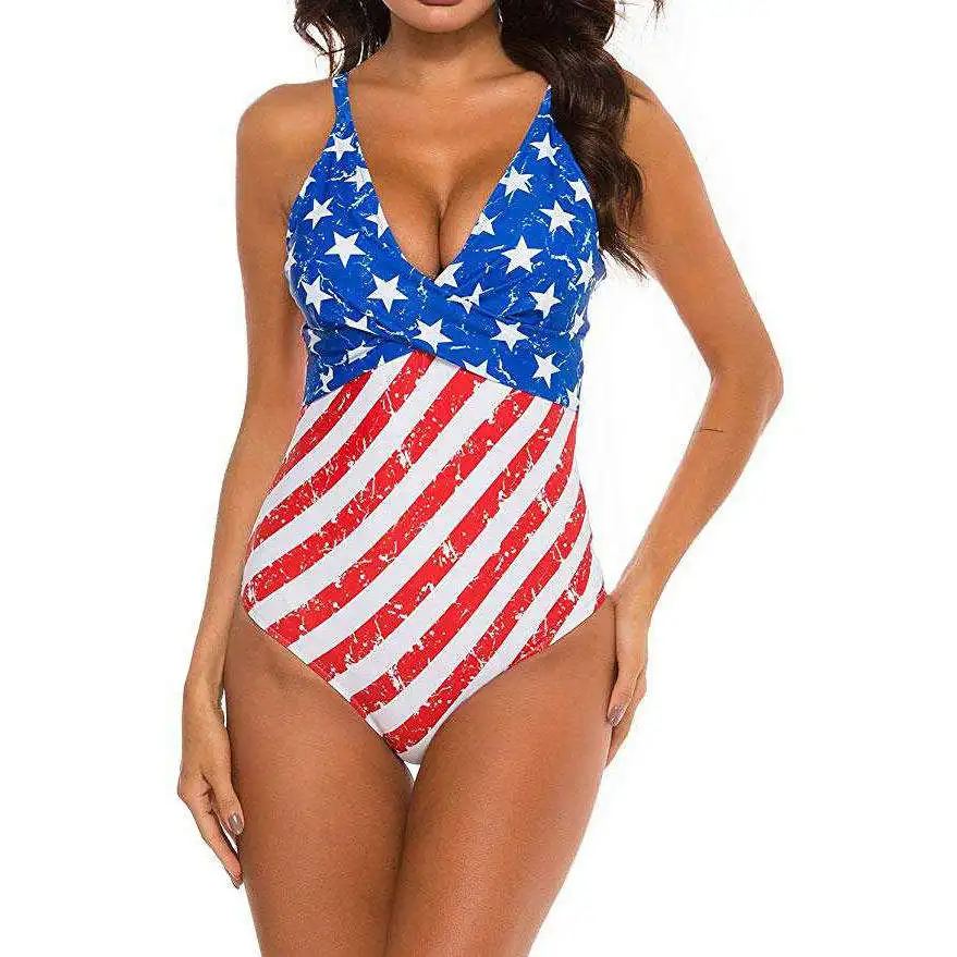 Hot Women One Piece Swimwear Tummy Control Printing Front Cross Girl Swimwear Swimsuit