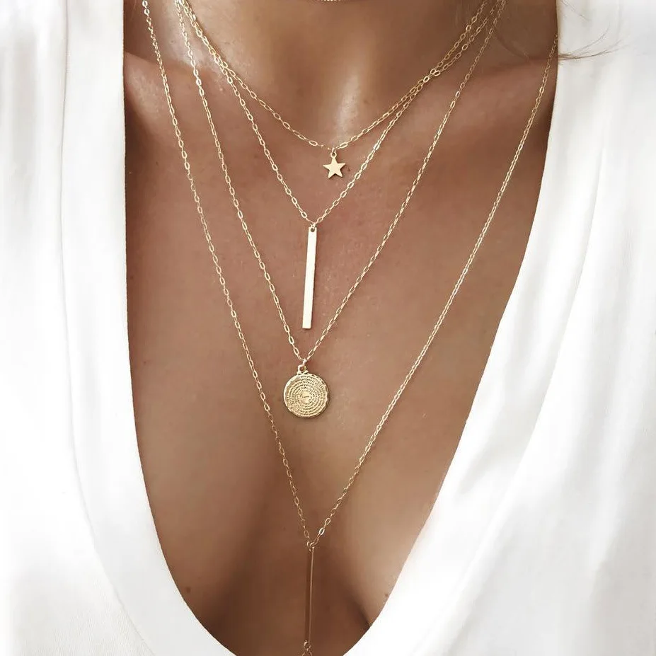 Fashion Gold Plated Cheap Jewelry Star Coin Bar Pendant Long Layered Necklaces for Woman