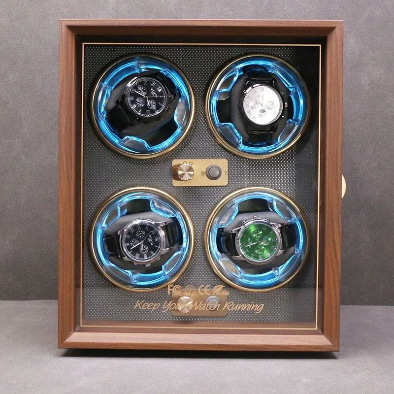 High Quality 4 Slot Automatic Walnut Grain Watch Winder Wood Paper Storage Blue Light Control Made Smart Watches Packaging Case