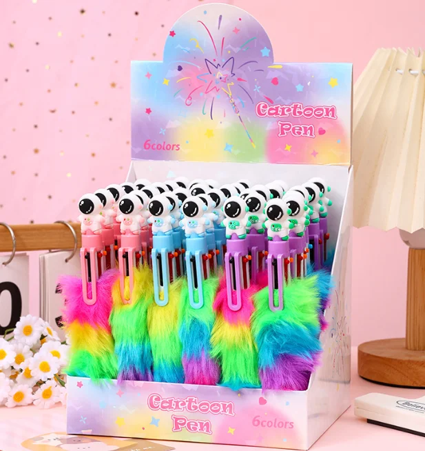 Cheap Promotional Office Business Marketing Gifts Plastic Rainbow 6 colors Ballpoint Pens Plush Style Stationery