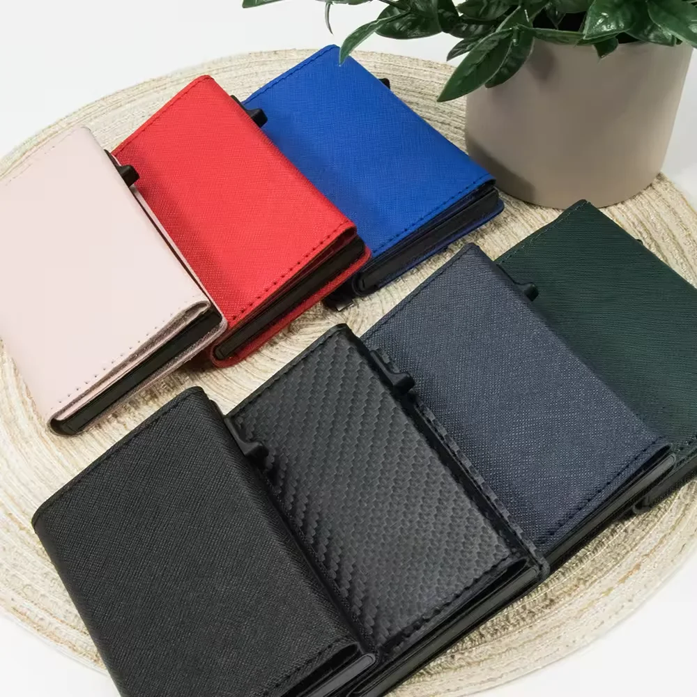 Casekey Wholesale Mens Leather Card Holder Trading Aluminum Pop Up Card Metal Business Wallet slim card holder wallet