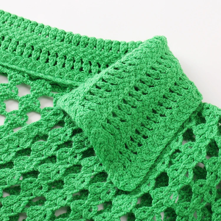 Knitwear manufacturers custom green polo collar long sleeves cutout women crochet sweater