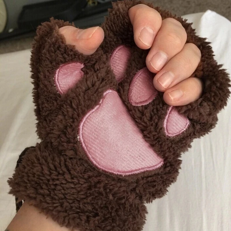 Women Cat Gloves Fashion Girls Cat Claw Paw Plush Mittens Warm Soft Plush Short Fingerless Half Finger Winter Gloves