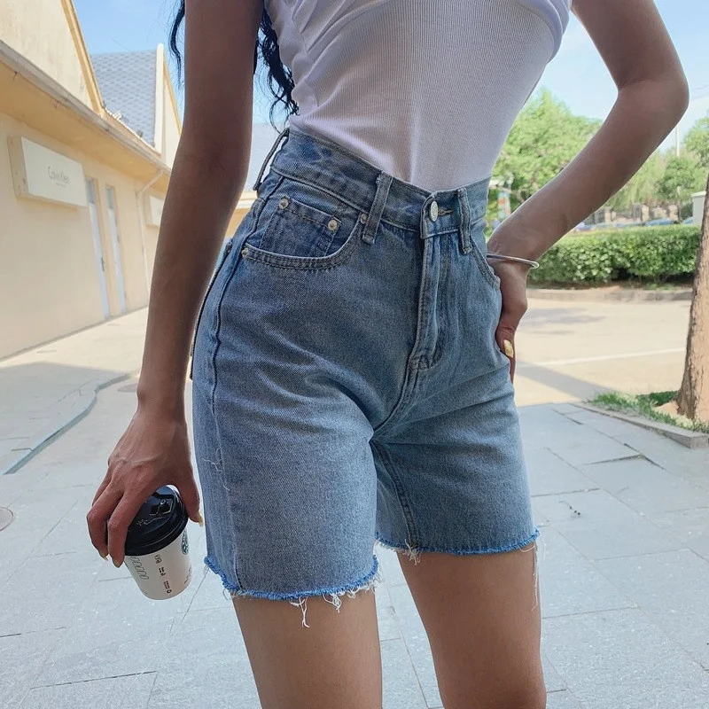 NVFelix Summer Hot High Waist Straight Leg Slim Jeans Shorts Women Sexy Fashion Tassel Tight Butt Lift Blue Washed Denim Shorts