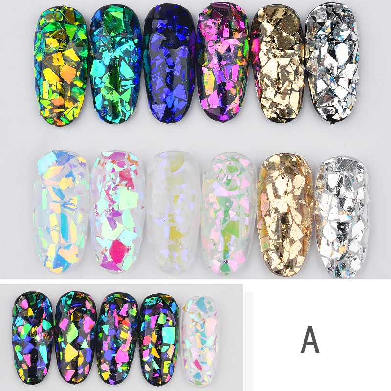 6Pcs Holographic Nail Glitter Sequins Set 3D Irregular Broken Glass Nail Art Foils Flakes Aurora Colorful Manicure Decorations