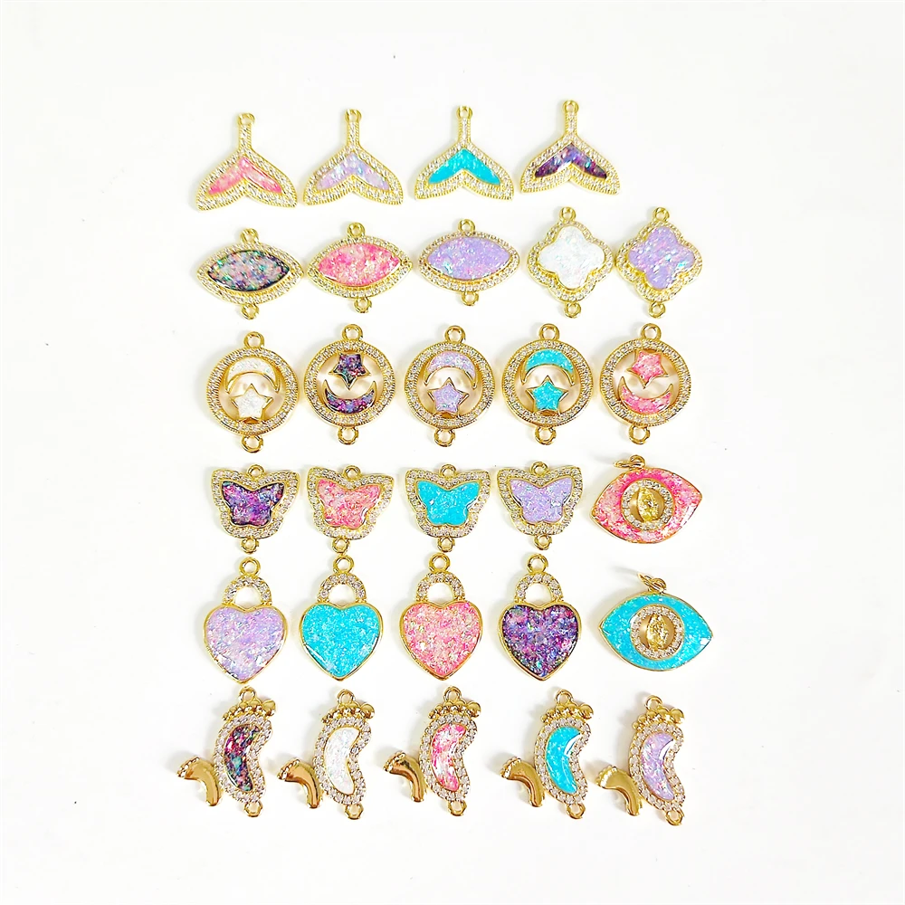 Multi colors love heart foot fishtail butterfly copper zircon pendant lucky clover paved cz fire opal charms for jewelry making
