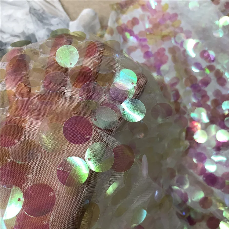 Wholesale Fish Scale Reversible Glitter Polyester Transparent Colorful 18mm Large Sequin Fabric