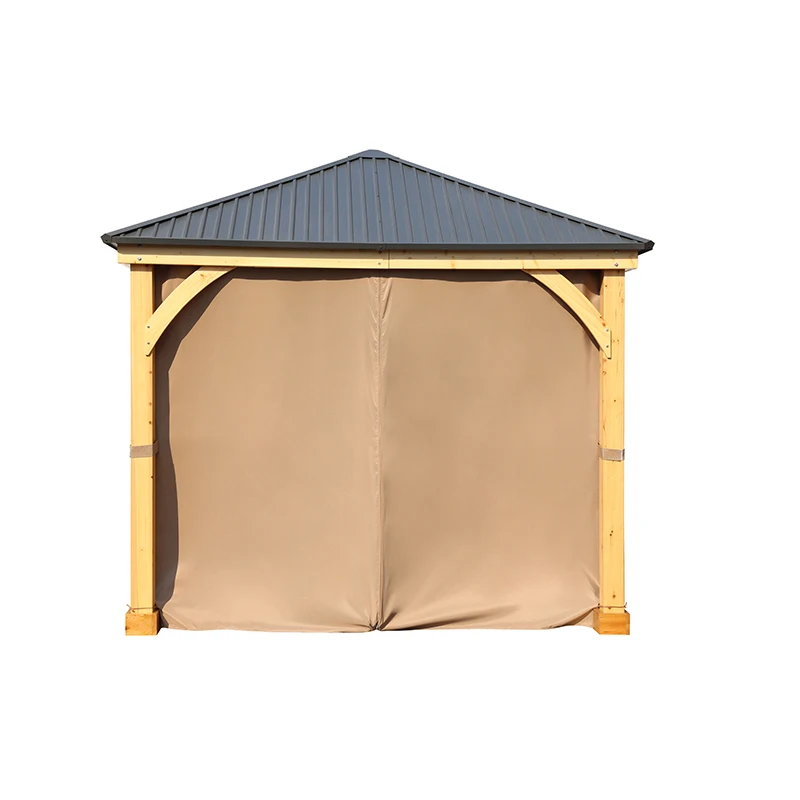 Lawn Garden Outdoor Wood Gazebo with Privacy Curtains and Netting