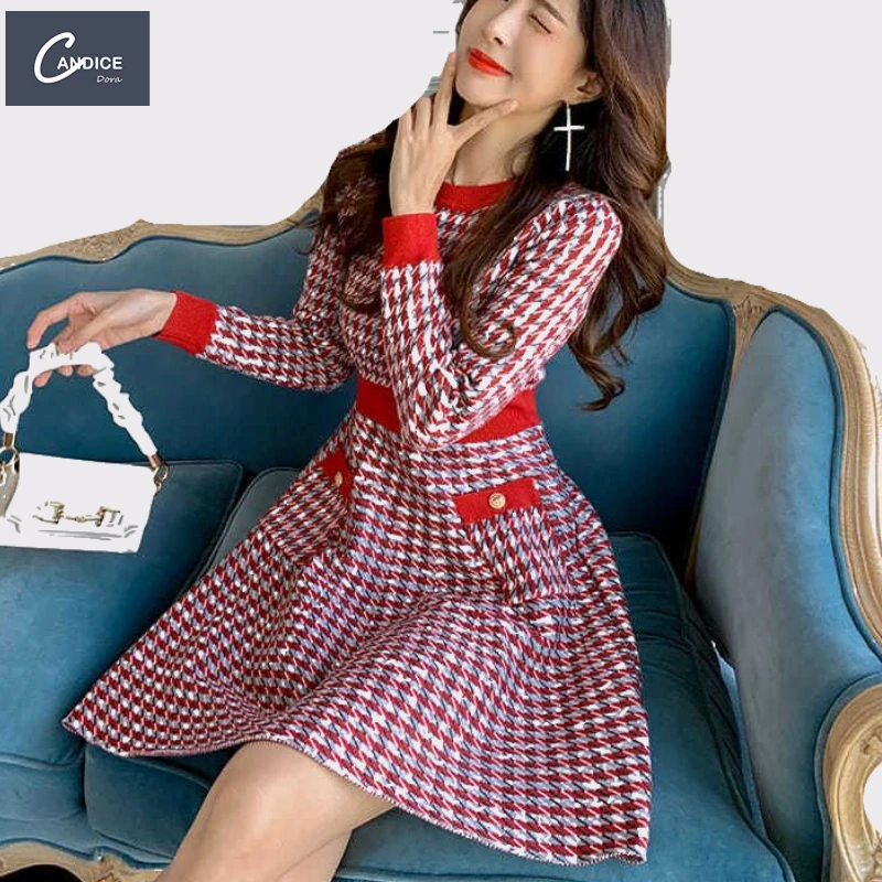 Candice wholesale 2023 fashion korean style knitting a line elegant plaid mini sweater dress