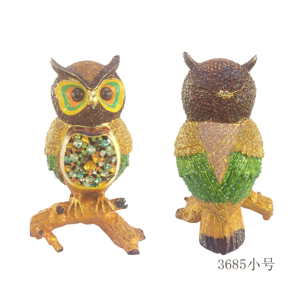 Rhinestone metal owl crystal owl figure big owl status jewelry trinket box for gifts