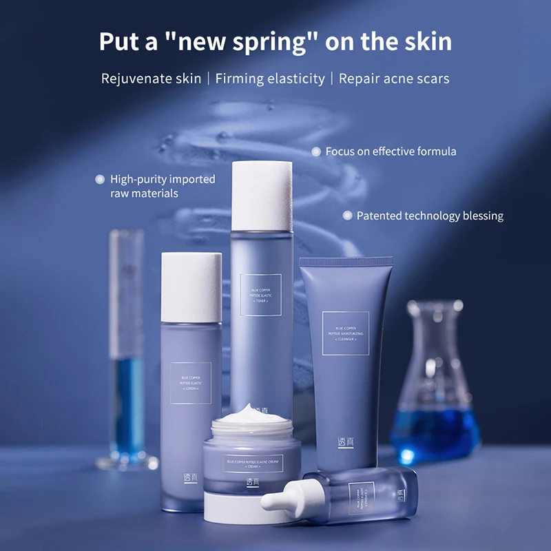 Private Label Organic Moisturizing Korean Skincare Products 5pcs Blue Copper Peptide Retinol Anti Aging Facial Kit Skin Care Set