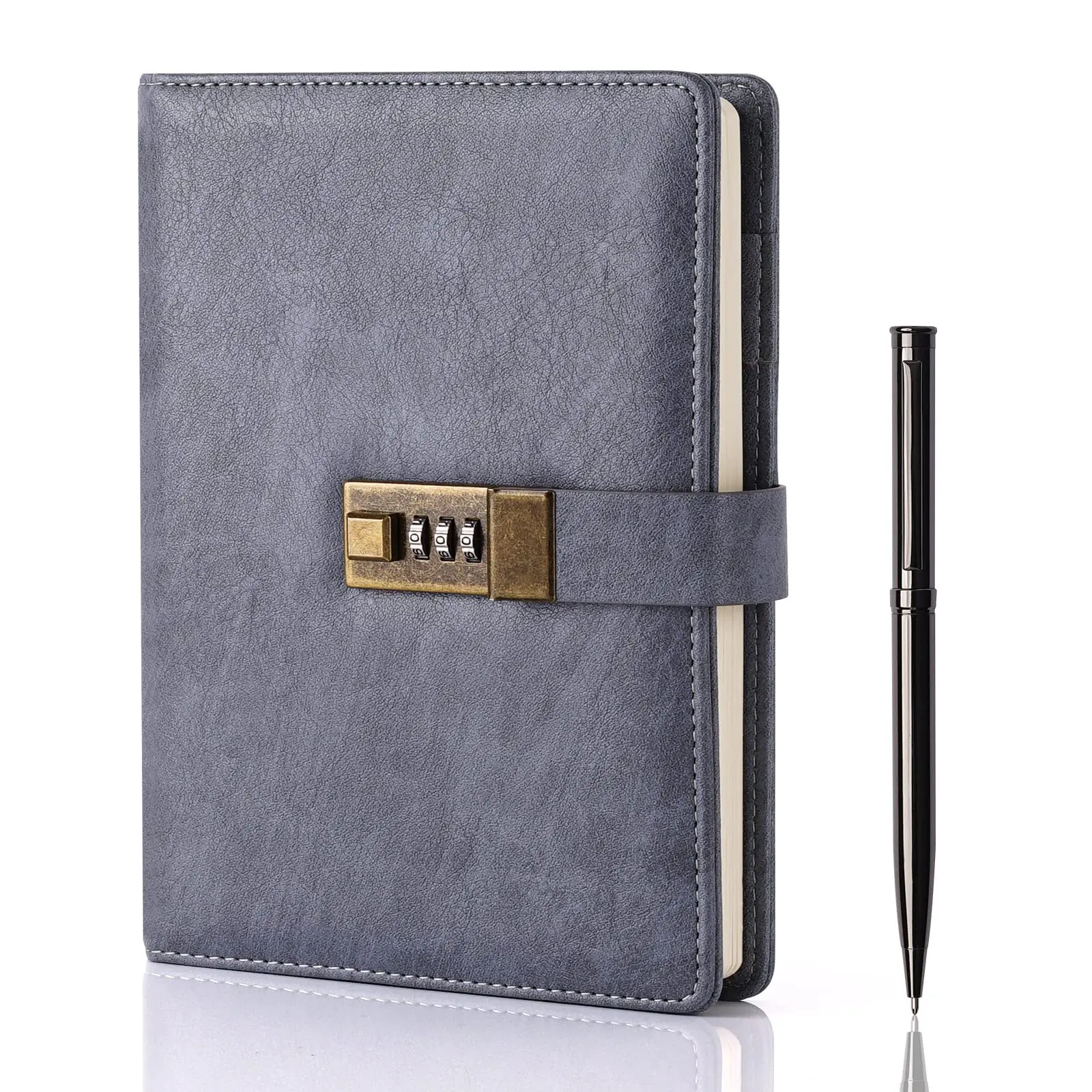 Custom Size A5 A6 Travel Leather Locking Journal Hardcover with Fabric and Paper Loose-Leaf Binding Gray Color Writing Diary