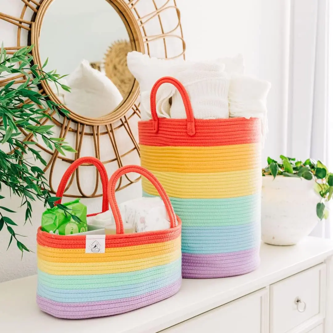 Rainbow Tall Laundry Basket Hamper Toys Storage Basket Blanket Organizer Large Decorative Woven Cotton Rope Basket