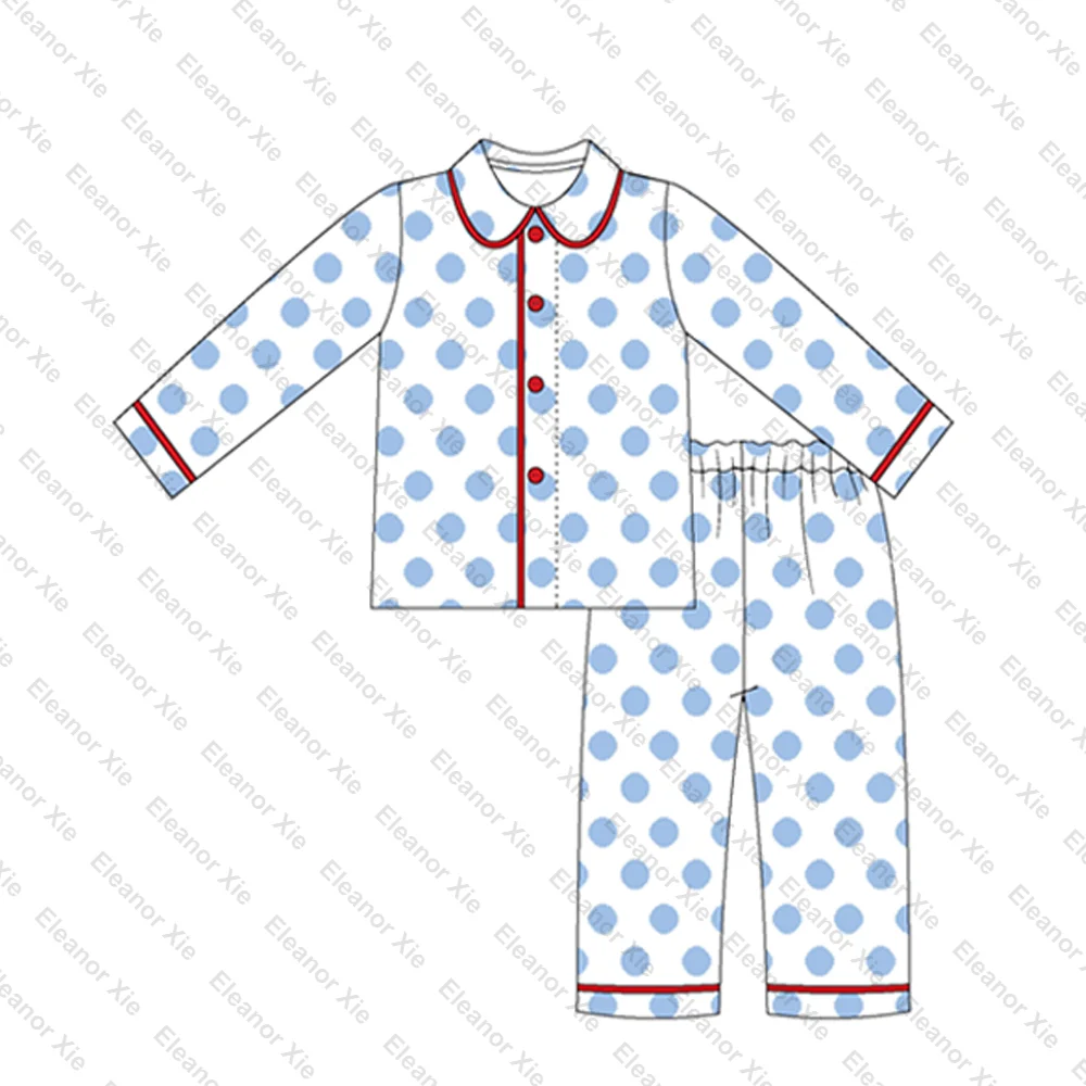 Christmas blue polka dot cotton siblings match kids girls pyjamas set monogram baby toddler onesie pajamas girls nightgown