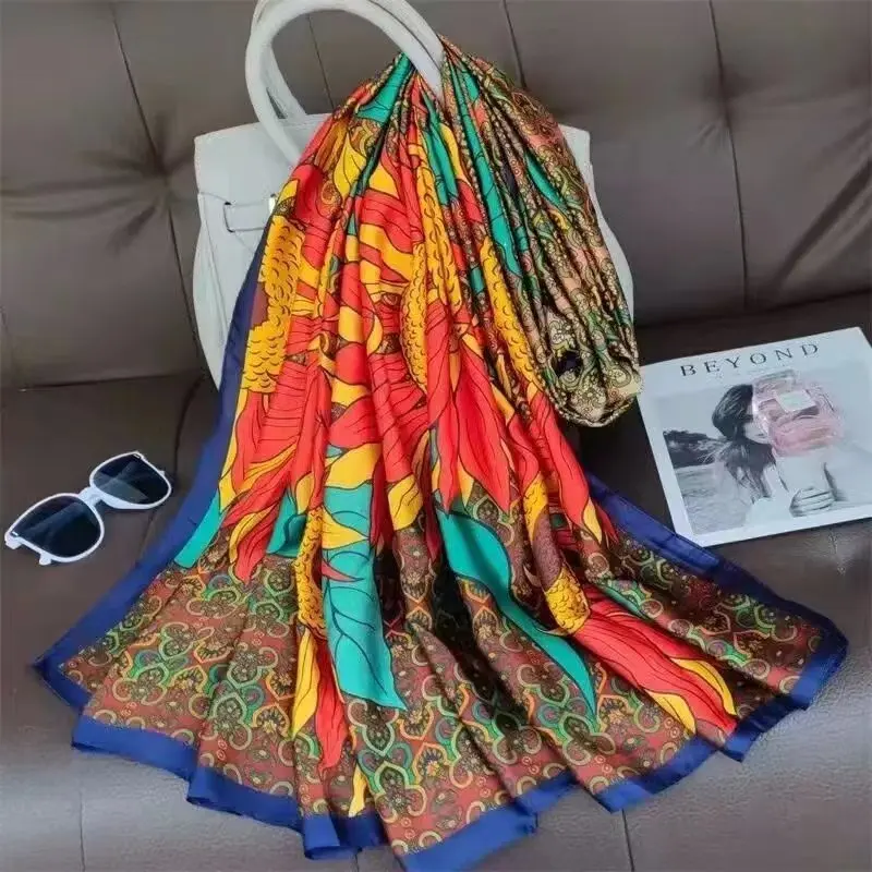 Silk Satin Neck Scarf For Women Print Hijab Scarfs Female Square Shawls and Wraps Scarves For Lady
