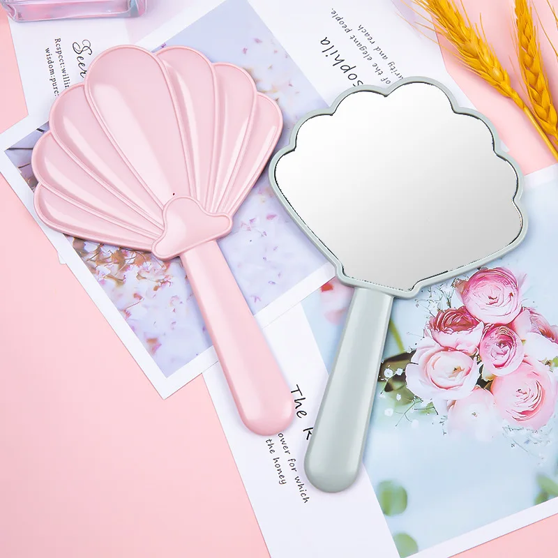 Trending Single-Sided Mini Cosmetic Mirror with Pocket New Brand Shell Shape Plastic Handheld Vanity Mirror Handle Mirror