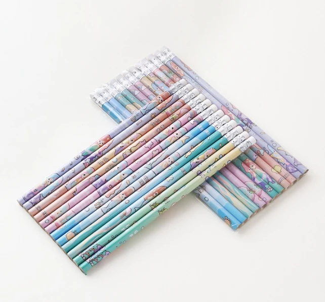 Promotional Mermaid Pattern Pencil Custom Printed Pencil HB Wooden Pencil with Eraser Set