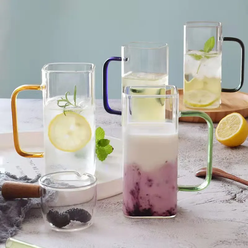 380ml Square High-quality borosilicate 6 colored beer glass cup with color handle single wall glass for milk juice beer