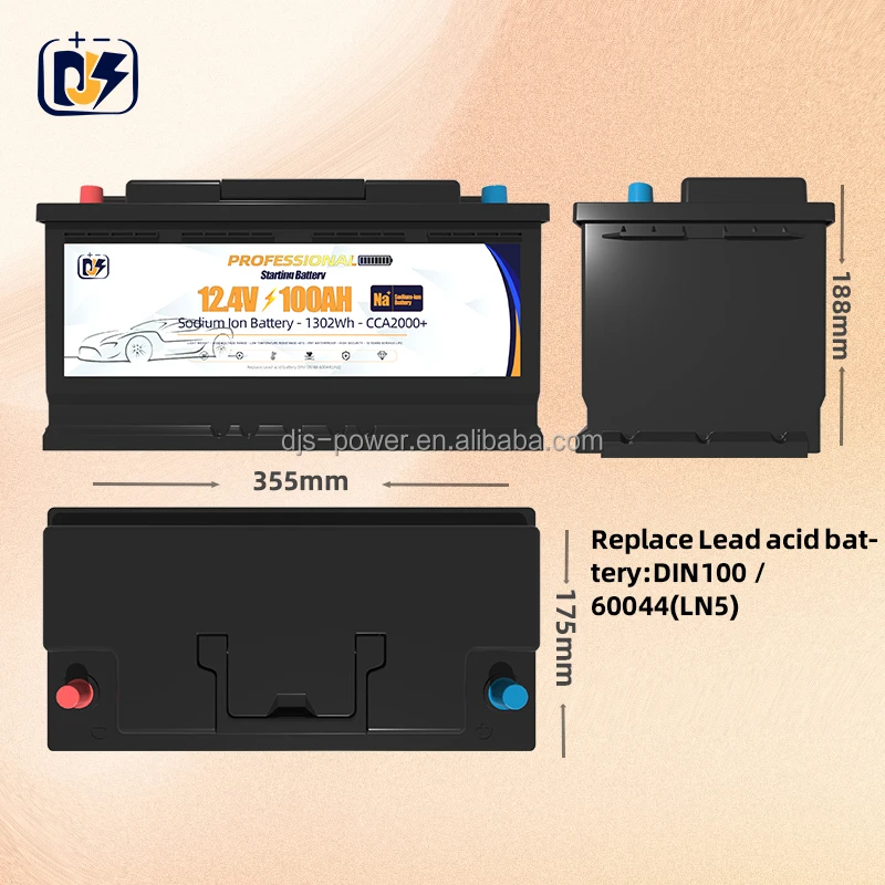12V 100Ah 1240Wh Sodium Ion Cranking Battery DIN100 Replacement CCA2000 -40℃ Na Ion Battery Pack for Car Starting Auto
