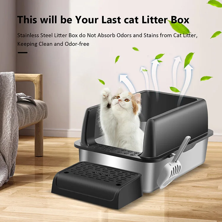 New Pet Supplies Stainless Steel Kitty Litter Box Big Cat Litter Box Anti-Leakage Cat Toilet With High Sides And Scoop