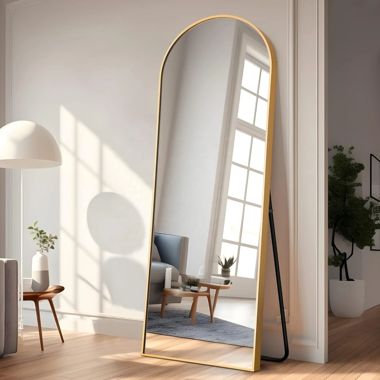 Gold arch and round framed design long large floor mirror full length body standing wall living room mirror glass wholesale
