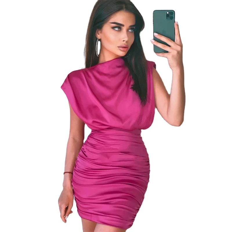 2021 spring hot sale turtle neck dress solid gathering sleeveless satin bodycon dress women dresses