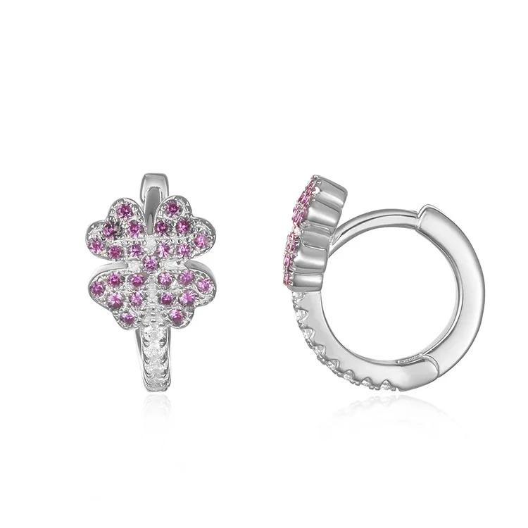 BAROLI China Factory Wholesale Jewelry Sterling 925 Silver Four Leaf Clover Flower Zirconia Hoop Huggie Earrings For Women Gift