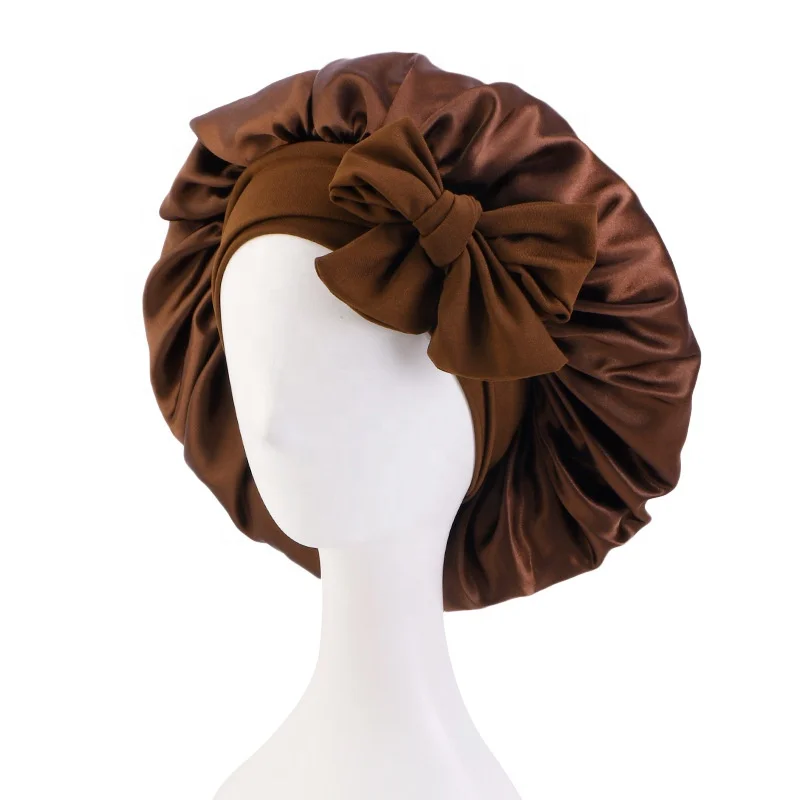 Low MOQ Solid Colors Hair Night Sleep Hat Elastic Wide Band Satin Bonnets for Women Curly Hair Care