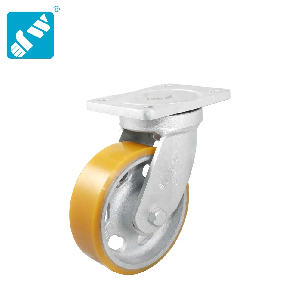 5 Inch Yellow PU on Cast iron Wheel Swivel Plate 450-800kgs Heavy Duty European Style Industrial Trolley Caster,Zinc Plated