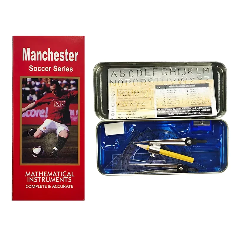 Low MOQ 12PCS Bangladesh Football Plastic Math Set Tool Compass Box Divider Protractor Geometry Set School With Rules