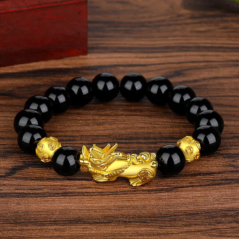 HP Vietnam sand gold Pixiu bracelet gold obsidian six words of truth beads bracelet for Buddhist prayers