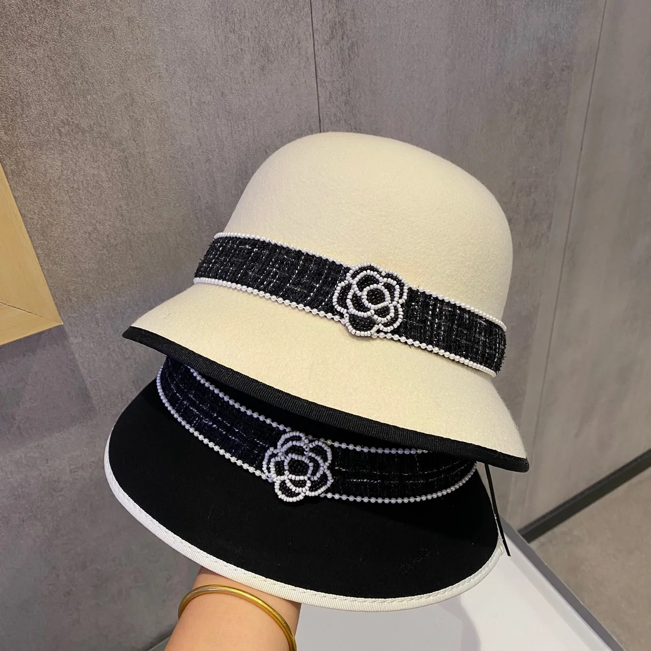 Send Inquiry Get Catalog Designer Winter Woolen Bucket Hat For Woman Vintage Pearl Luxury Camellia Hats Caps