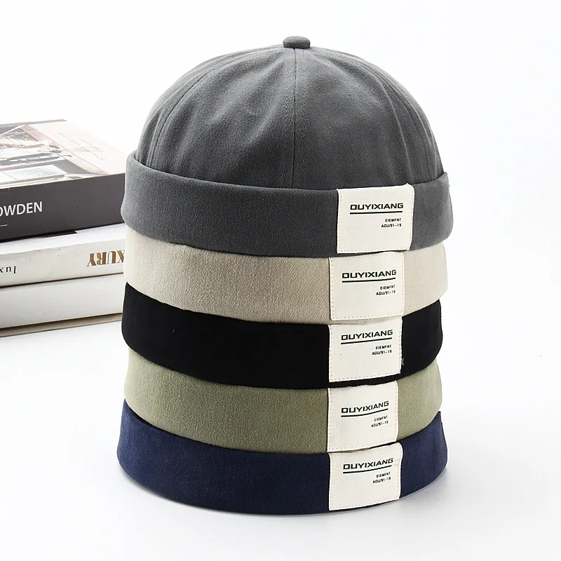 Hot Sell Unisex  Retro Cotton Brimless Adjustable Solid Docker Hat Beanies No Visor Hat Sailor Hat Landlord Cap Logo Custom