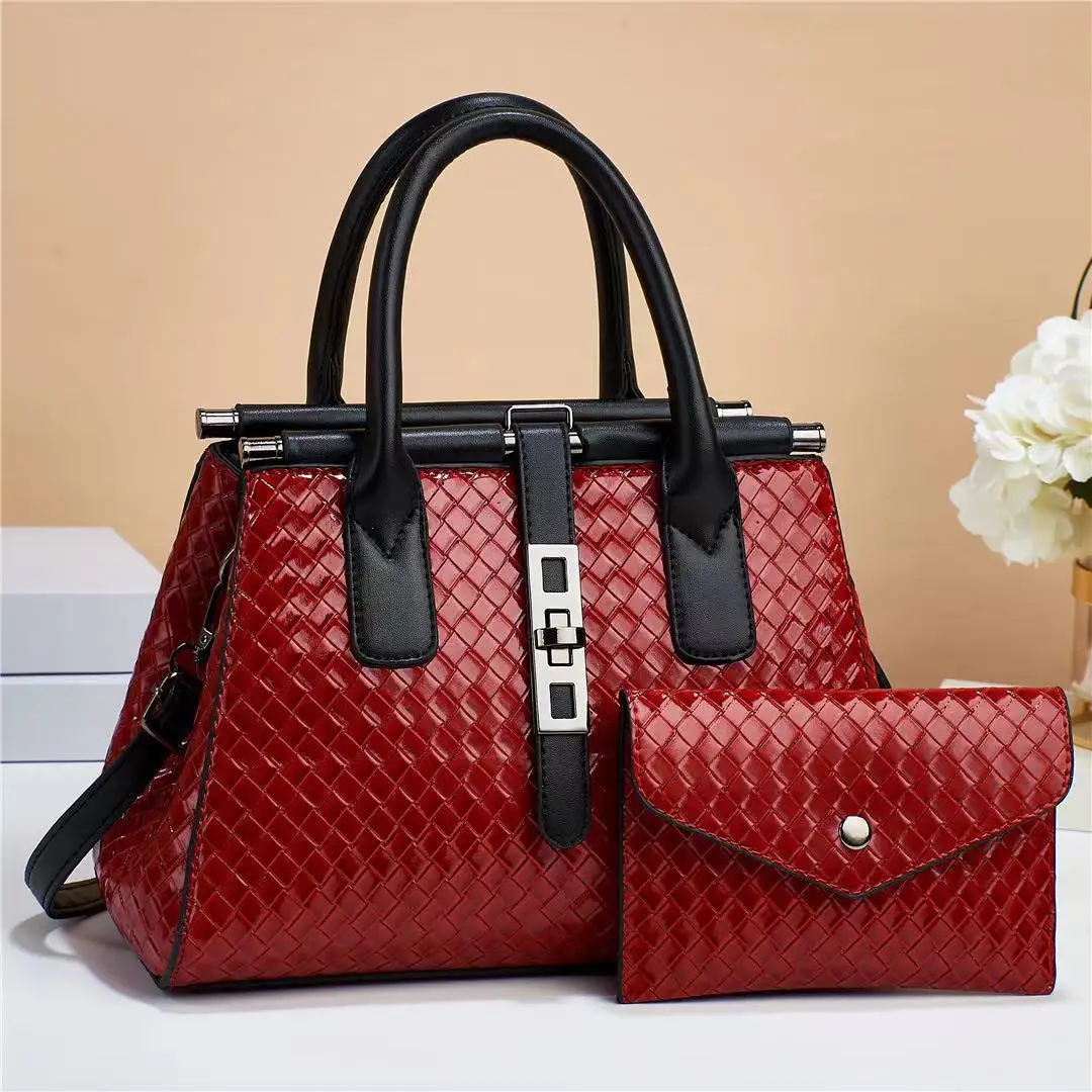 Wholesale woven women purse and handbag fashion shoulder pu leather hand bag set