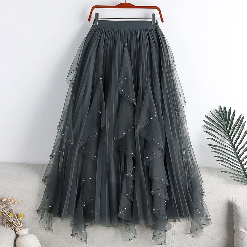 Summer New Pink Ball Gowns Sweet Tulle Skirt Women Elegant Asymmetric Mesh Lace Princess Dresses Beads A Line Skirts For Party