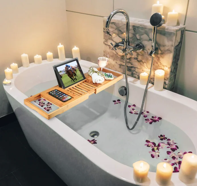 
Expandable Premium Wood Bamboo Bath Caddy Tray with Book, Wine Holder for Ideal Gift for Loved Ones 