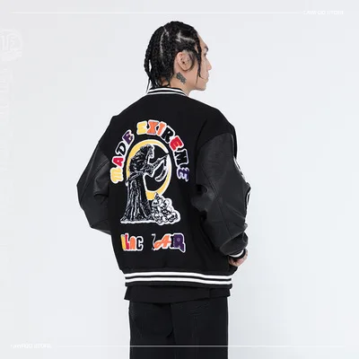 hip hop casual winter punk  streetwear vintage skull embroidery patchwork loose flocking unisex jacket coat