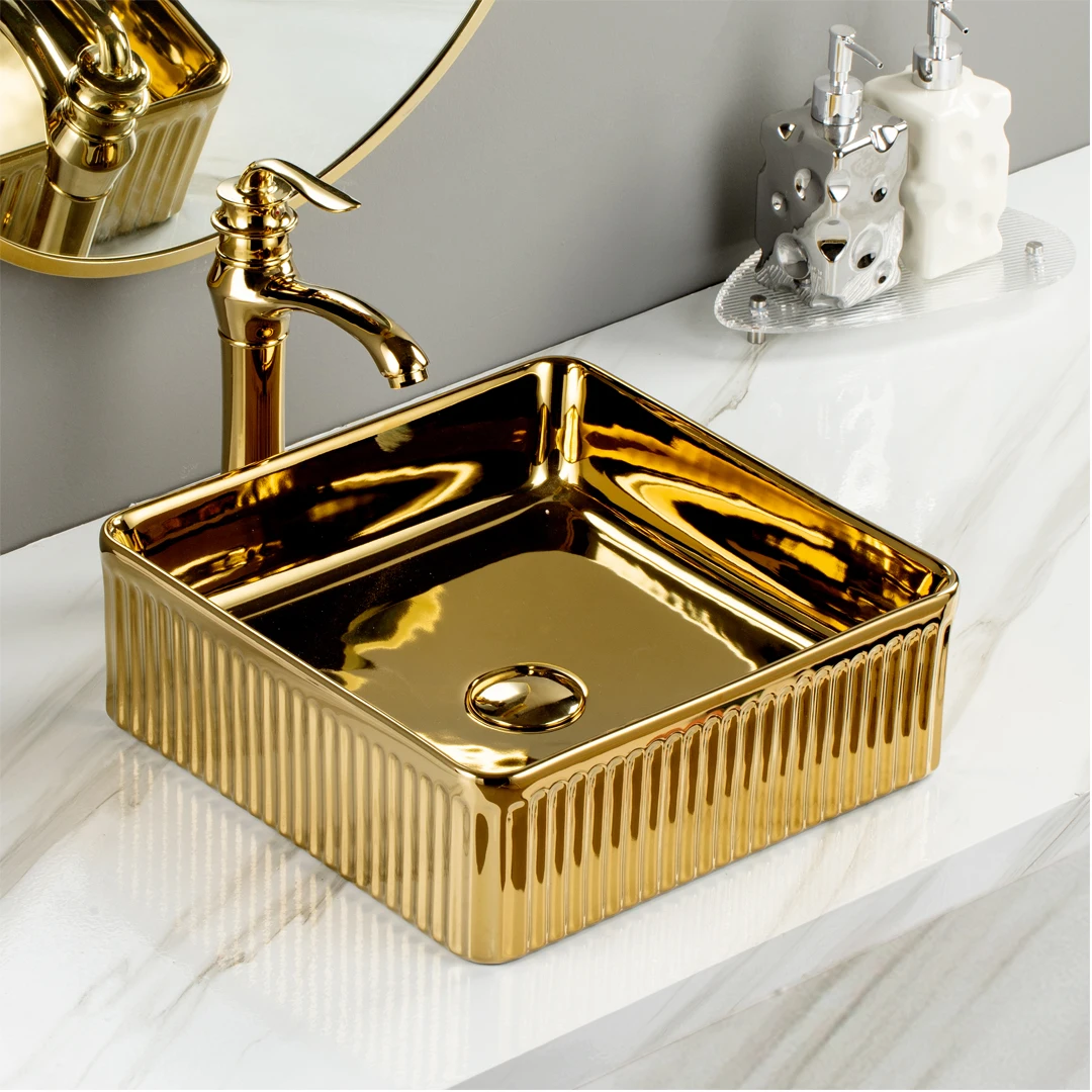 luxury bathroom golden sink ceramic counter top hand wash basin art sink