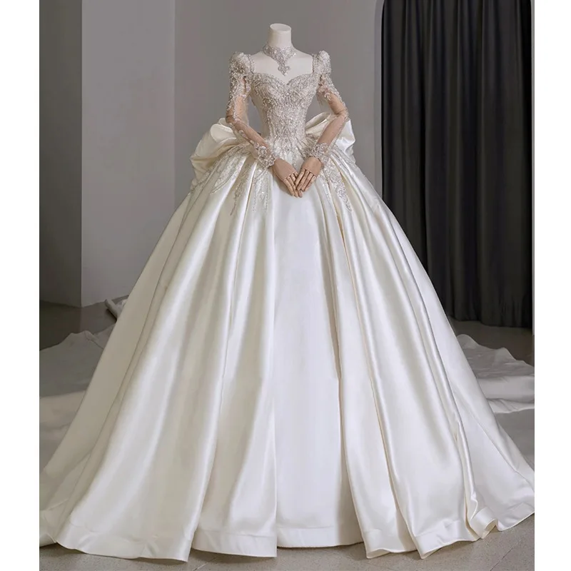 Luxurious Satin  Wedding Dresses Sequin Beaded Long Sleeve Wedding Dresses Super Plus Size 2024 New Wedding Dresses
