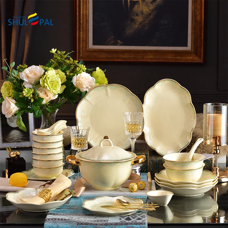 25Pcs Royal Decals Tableware Elegant Ceramic Tableware Sets Ivory Porcelain Dinnerware Sets