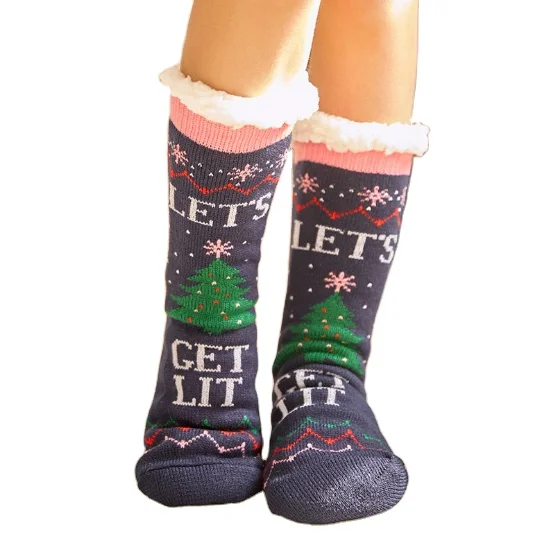 2021 Hot selling home extra thick knitted women anti slip Heavy Fleece lined cute tree Christmas novelty socks