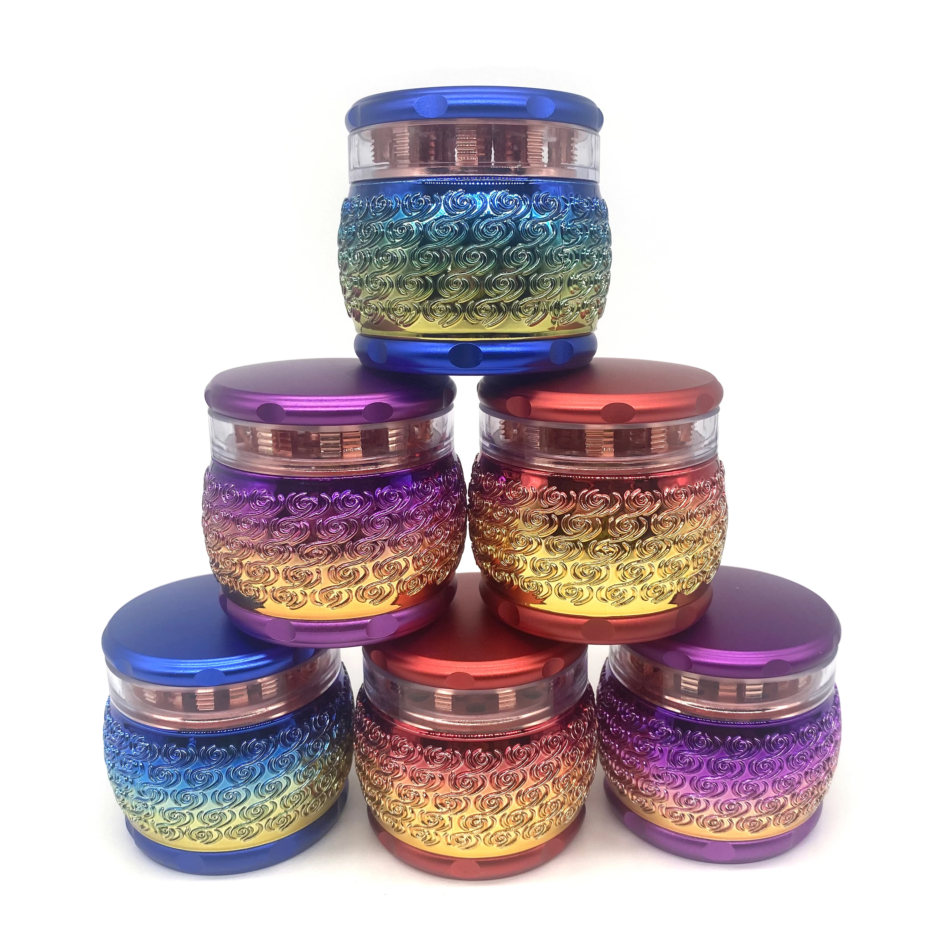 Chinese style drum-shaped aluminum alloy smoke grinder with auspicious cloud pattern on the side