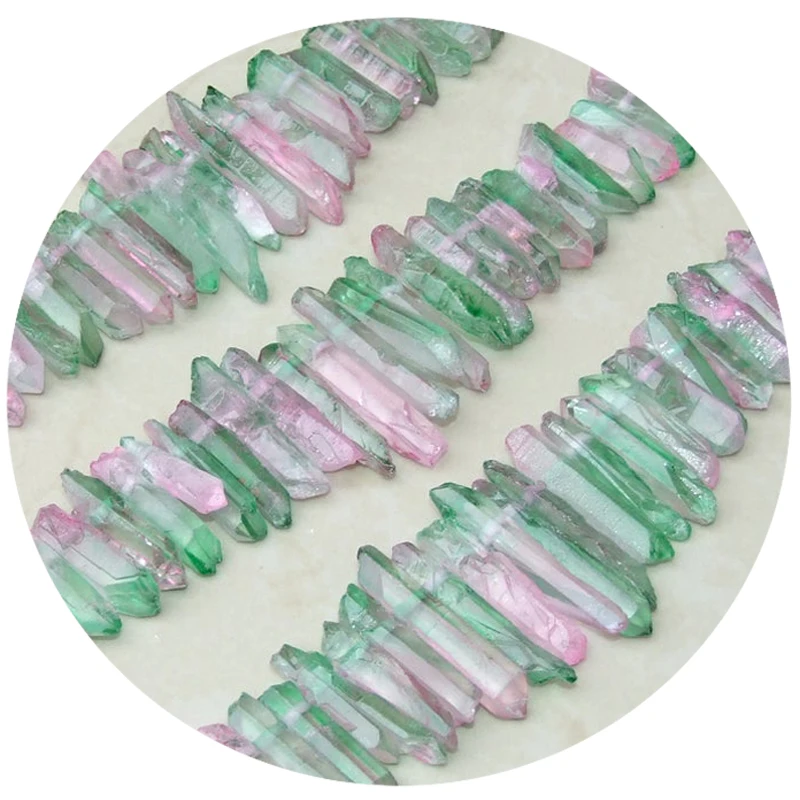 Pink and Green Titanium Gemstones Beads Watermelon Quartz Crystal Points Strand