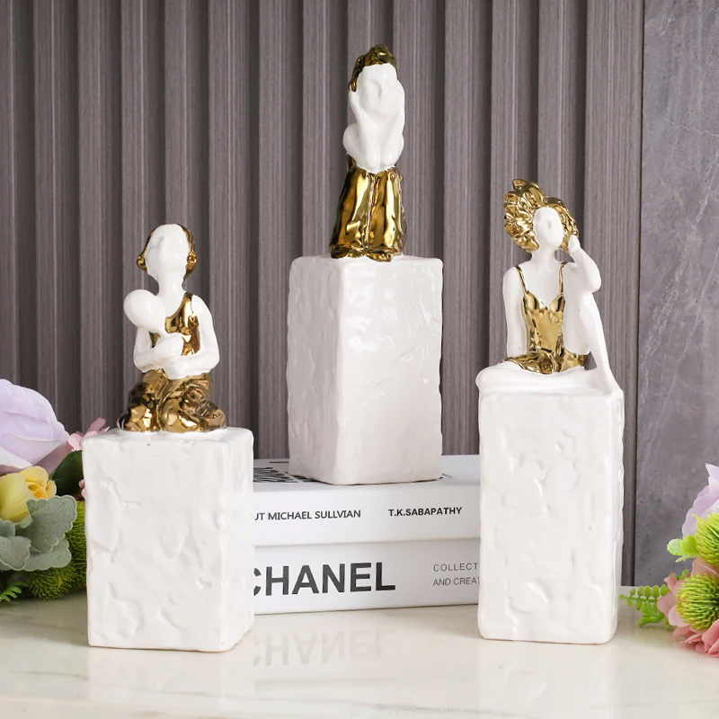 Girl Statue Golden Dress Ceramic Craft Art Ornament Art Figurine Home Decoration